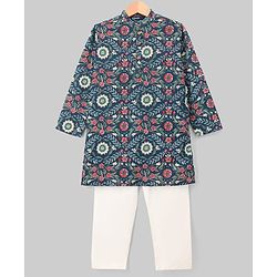 Pine Kids Cotton Woven Full Sleeves Kurta Pyjama Set With Floral Print - Navy Blue