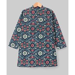 Pine Kids Cotton Woven Full Sleeves Kurta Pyjama Set With Floral Print - Navy Blue