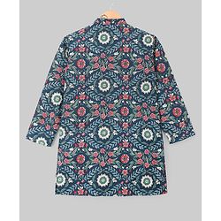 Pine Kids Cotton Woven Full Sleeves Kurta Pyjama Set With Floral Print - Navy Blue