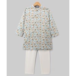 Pine Kids Cotton Woven Full Sleeves Kurta Pyjama Set With Floral Print - White