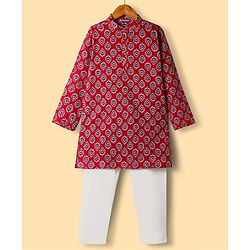 Pine Kids Cotton Woven Full Sleeves Kurta Pajama Set with Floral Print - Maroon