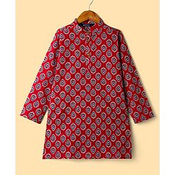 Pine Kids Cotton Woven Full Sleeves Kurta Pajama Set with Floral Print - Maroon