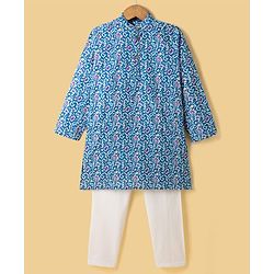 Pine Kids Cotton Woven Full Sleeves Floral Printed Kurta Pajama Set - Blue
