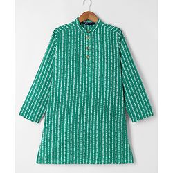 Pine Kids Cotton Woven Kurta with Full Sleeves and Striped Print - Green