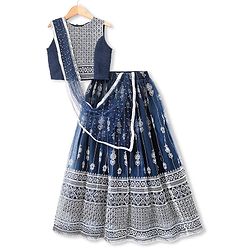 Pine Kids Woven Sleeveless Lehenga Choli Dupatta Set With Floral Print - Navy Blue