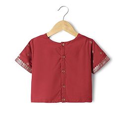 Pine Kids Woven Half Sleeves Floral Designed Choli Lahenga Set with Dupatta - Dark Red