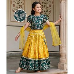 Pine Kids Woven Half Sleeves Lehenga Choli & Dupatta Set With Floral Zari Work - Yellow & Dark Green