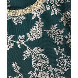 Pine Kids Woven Half Sleeves Lehenga Choli & Dupatta Set With Floral Zari Work - Yellow & Dark Green
