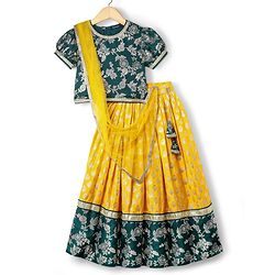 Pine Kids Woven Half Sleeves Lehenga Choli & Dupatta Set With Floral Zari Work - Yellow & Dark Green