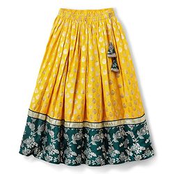 Pine Kids Woven Half Sleeves Lehenga Choli & Dupatta Set With Floral Zari Work - Yellow & Dark Green