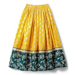 Pine Kids Woven Half Sleeves Lehenga Choli & Dupatta Set With Floral Zari Work - Yellow & Dark Green