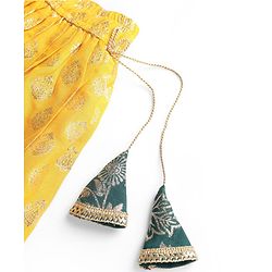 Pine Kids Woven Half Sleeves Lehenga Choli & Dupatta Set With Floral Zari Work - Yellow & Dark Green