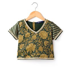 Pine Kids Woven Half Sleeves Lehenga Choli & Dupatta Set With Floral Print & Lace Detailing - Olive Green