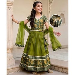 Pine Kids Woven Half Sleeves Lehenga Choli & Dupatta Set With Floral Print & Lace Detailing - Olive Green