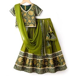 Pine Kids Woven Half Sleeves Lehenga Choli & Dupatta Set With Floral Print & Lace Detailing - Olive Green