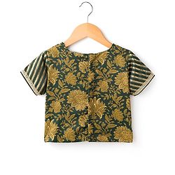 Pine Kids Woven Half Sleeves Lehenga Choli & Dupatta Set With Floral Print & Lace Detailing - Olive Green