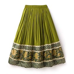 Pine Kids Woven Half Sleeves Lehenga Choli & Dupatta Set With Floral Print & Lace Detailing - Olive Green