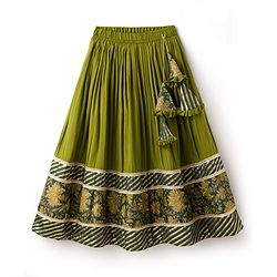 Pine Kids Woven Half Sleeves Lehenga Choli & Dupatta Set With Floral Print & Lace Detailing - Olive Green