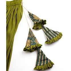 Pine Kids Woven Half Sleeves Lehenga Choli & Dupatta Set With Floral Print & Lace Detailing - Olive Green