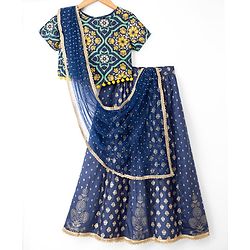 Pine Kids Woven Half Sleeves Floral Printed Choli & Lehenga Set With Dupatta - Blue