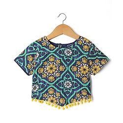Pine Kids Woven Half Sleeves Floral Printed Choli & Lehenga Set With Dupatta - Blue