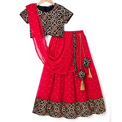 Pine Kids Woven Half Sleeves Lehenga Choli & Dupatta Set With Floral Embroidery - Red