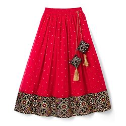 Pine Kids Woven Half Sleeves Lehenga Choli & Dupatta Set With Floral Embroidery - Red