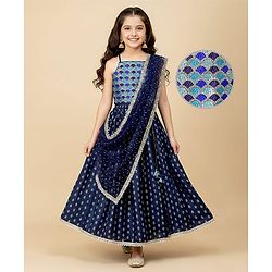 Pine Kids Woven Sleeveless Sequinned & Floral Foil Printed Lehenga Choli Set With Dupatta - Navy Blue