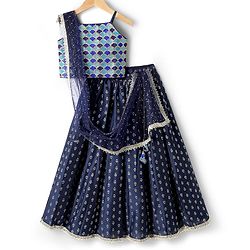 Pine Kids Woven Sleeveless Sequinned & Floral Foil Printed Lehenga Choli Set With Dupatta - Navy Blue