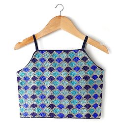 Pine Kids Woven Sleeveless Sequinned & Floral Foil Printed Lehenga Choli Set With Dupatta - Navy Blue