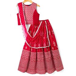 Pine Kids Woven Flared Lehenga Choli and Dupatta Set with Sleeveless and Floral Embroidery - Pink