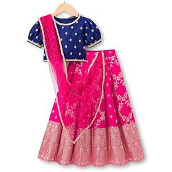 Pine Kids Woven Half Puffed Sleeves Floral Embroidered Choli Lahenga Set with Dupatta - Navy Blue