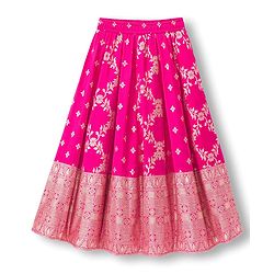 Pine Kids Woven Half Puffed Sleeves Floral Embroidered Choli Lahenga Set with Dupatta - Navy Blue