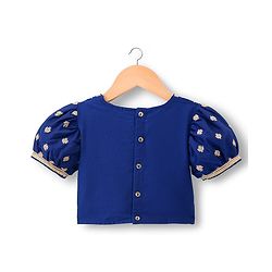 Pine Kids Woven Half Puffed Sleeves Floral Embroidered Choli Lahenga Set with Dupatta - Navy Blue