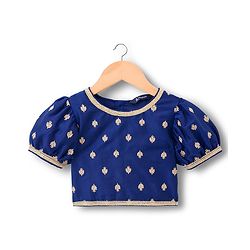 Pine Kids Woven Half Puffed Sleeves Floral Embroidered Choli Lahenga Set with Dupatta - Navy Blue