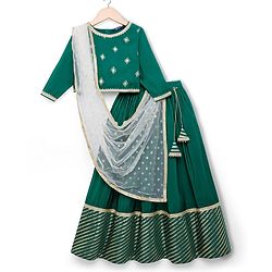 Pine Kids Woven Full Sleeves Floral Embroidered Choli Lahenga Set with Dupatta - Dark Green