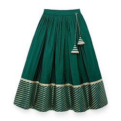 Pine Kids Woven Full Sleeves Floral Embroidered Choli Lahenga Set with Dupatta - Dark Green
