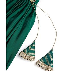 Pine Kids Woven Full Sleeves Floral Embroidered Choli Lahenga Set with Dupatta - Dark Green