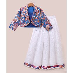 Pine Kids Woven Full Sleeves Printed Jacket & Choli Lehenga Set - Teal Blue