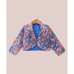 Pine Kids Woven Full Sleeves Printed Jacket & Choli Lehenga Set - Teal Blue