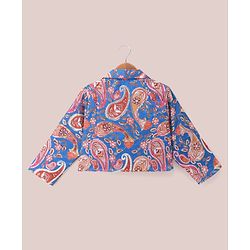 Pine Kids Woven Full Sleeves Printed Jacket & Choli Lehenga Set - Teal Blue