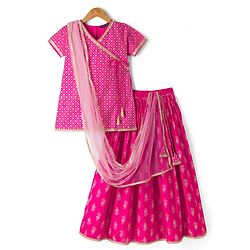 Pine Kids Woven Half Sleeves Choli and Lehenga with Dupatta and Geometric Grid Embroidery in Pink for 4-5 Years