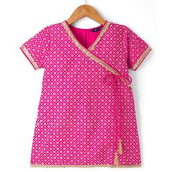 Pine Kids Woven Half Sleeves Choli and Lehenga with Dupatta and Geometric Grid Embroidery in Pink for 4-5 Years