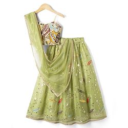 Pine Kids Woven Sleeveless Floral Sequinned Choli & Lehegnga Set With Dupatta - Lime Green