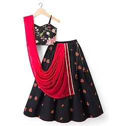 Pine Kids Woven Sleeveless Lehenga Choli & Dupatta Set With Floral Embroidery - Black