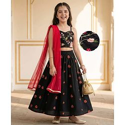 Pine Kids Woven Sleeveless Lehenga Choli & Dupatta Set With Floral Embroidery - Black