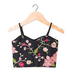 Pine Kids Woven Sleeveless Lehenga Choli & Dupatta Set With Floral Embroidery - Black
