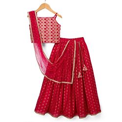 Pine Kids Woven Sleeveless Lehenga Choli Dupatta Set With Sequin Detailing & Floral Foil Print - Dark Pink