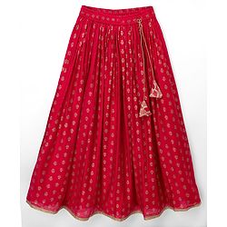 Pine Kids Woven Sleeveless Lehenga Choli Dupatta Set With Sequin Detailing & Floral Foil Print - Dark Pink