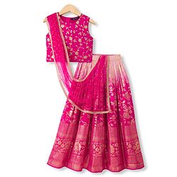 Pine Kids Woven Sleeveless Floral Embroidered Choli & Lehenga Set With Dupatta - Dark Pink